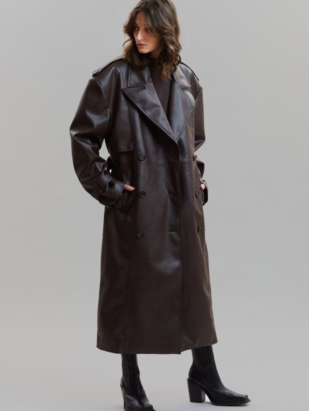 The Frankie Shop Dark Brown Leather Double-Breasted Trench Coat